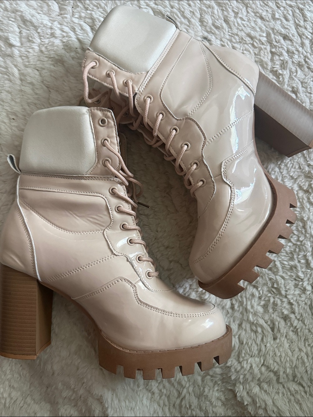 Lace-Up Chunky Heel Ankle Boots - Blush Patent